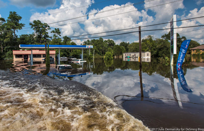 A flooded Mobil gas station in Texas after Hurricane Harvey