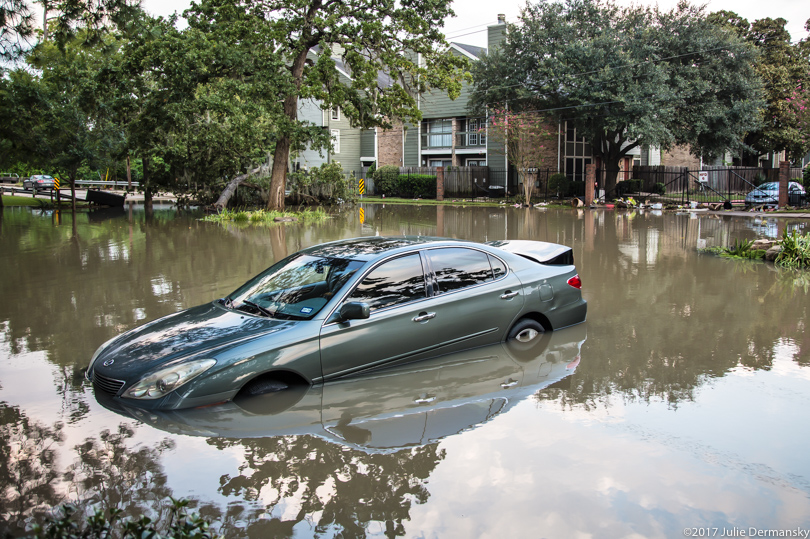 Flooded car in a Houston neighborhood after Hurricane Harvey