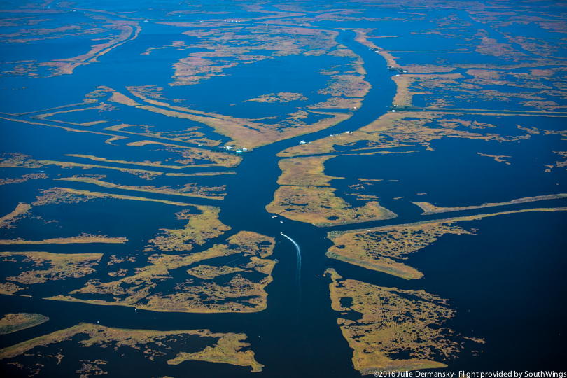 Narrow strips of coastal land spread among large patches of water in Plaquemines Parish.
