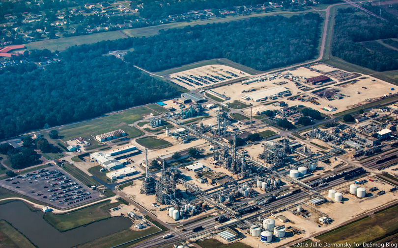 Aerial view of Denka Performance Elastomer chemical factory and surrounding community in Louisiana