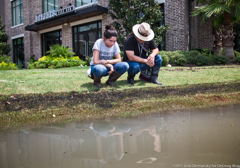 Bryan Parras and Kristal Ibarra-Rodriguez crouch on a hill of grass to observe the band of oil left above the floodwaters at an apartment building