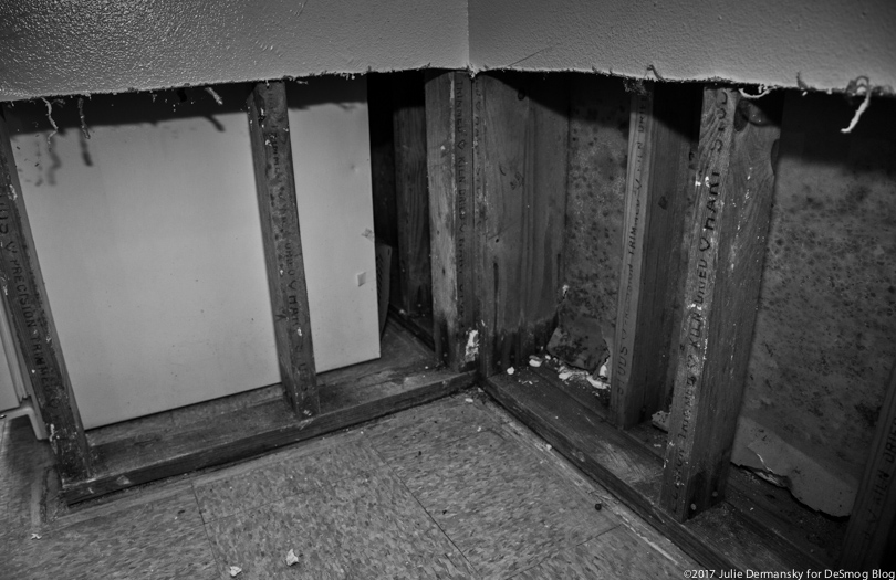 Mold growing on cut-out walls of Angela Andgelle's apartment that was flooded during Hurricane Harvey