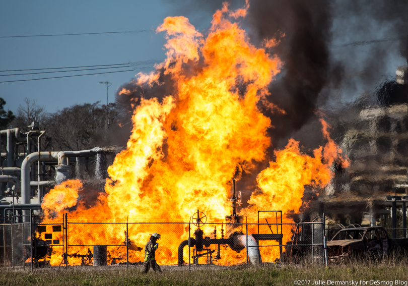Fire blazes at the site of a Phillips natural gas pipeline explosion in Louisiana