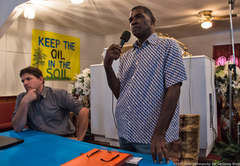 Pastor Harry Joseph speaks at a Bayou Bridge pipeline opposition meeting at Mount Triumph Baptist Church in St. James