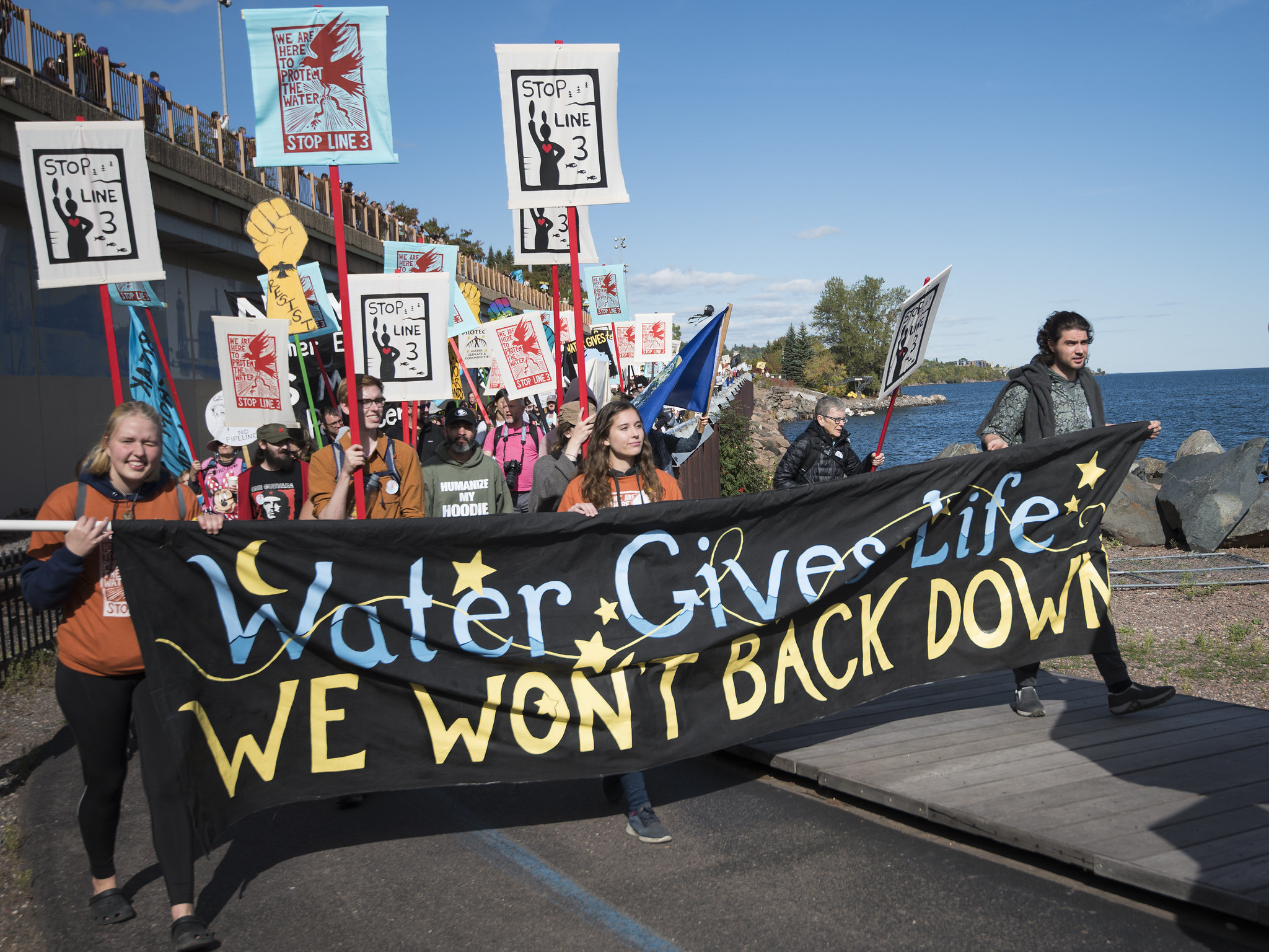 A few hundred people gathered on the shore of Gichi-gami (Lake Superior) to protest the proposed Enbridge Line 3 tar sands pipeline, Sept. 28, 2019.