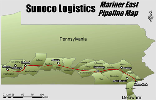 Map of Mariner East 2 pipeline route across Pennsylvania