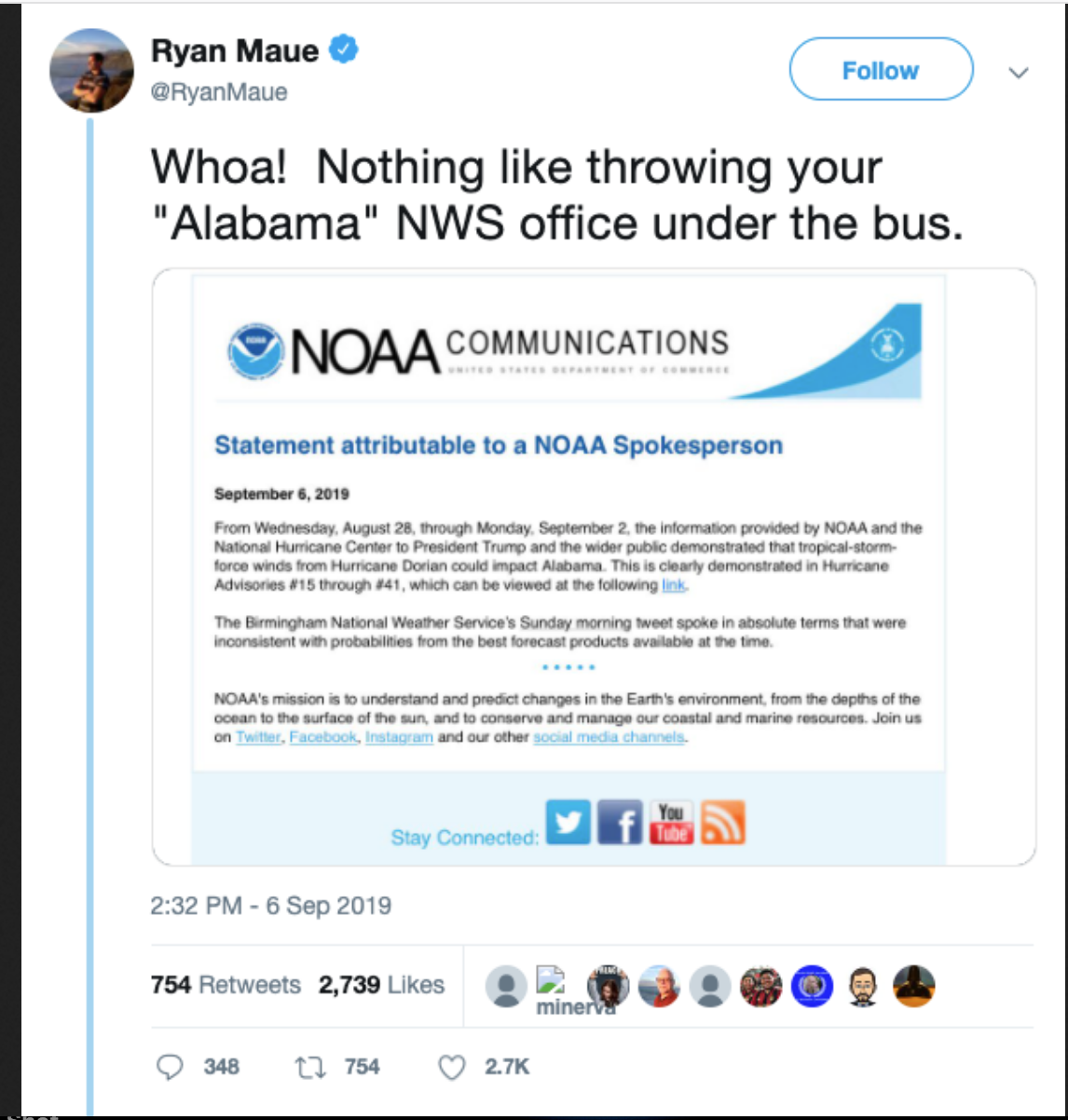 Screen shot of Ryan Maue's tweets criticizing the White House and NOAA over Trump's SharpieGate incident