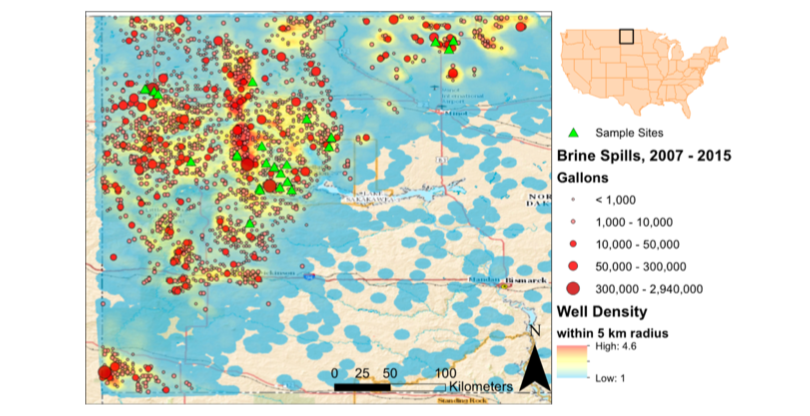 Map of western North Dakota that includes well density (number of wells per 5 km radius), reported brine spills from 2007 to 2015 (red circles), and sampling sites of samples collected in July 2015 (green triangles).