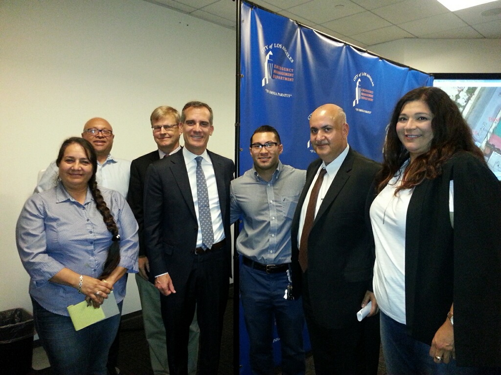 LA Mayor Eric Garcetti with Roger Majano and Rosalinda Morales