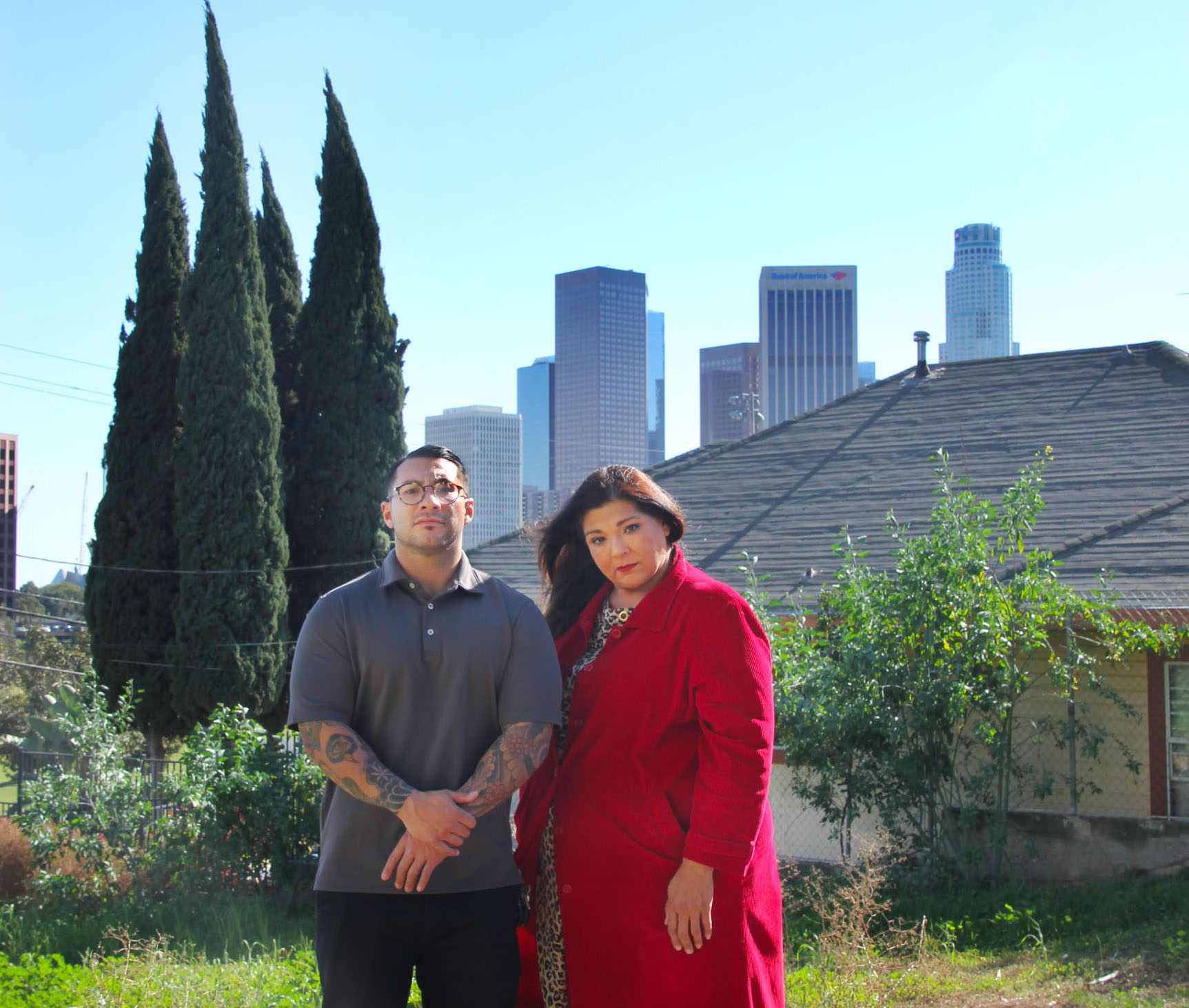 Roger Majano and Rosalinda Morales with downtown Los Angeles in the background