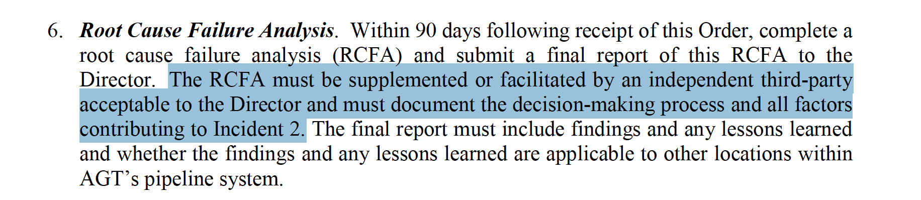 Screen shot of clause in Corrective Action Order requiring Enbridge to complete a safety analysis through an "independent third-party."