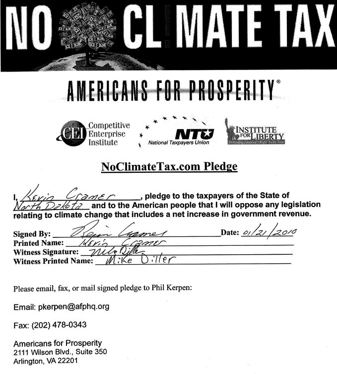 Kevin Cramer No Climate Tax Pledge