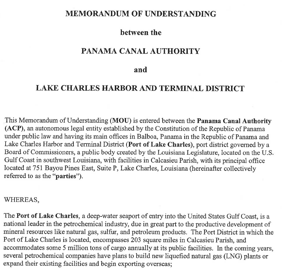 MOU Port of Lake Charles Panama Canal