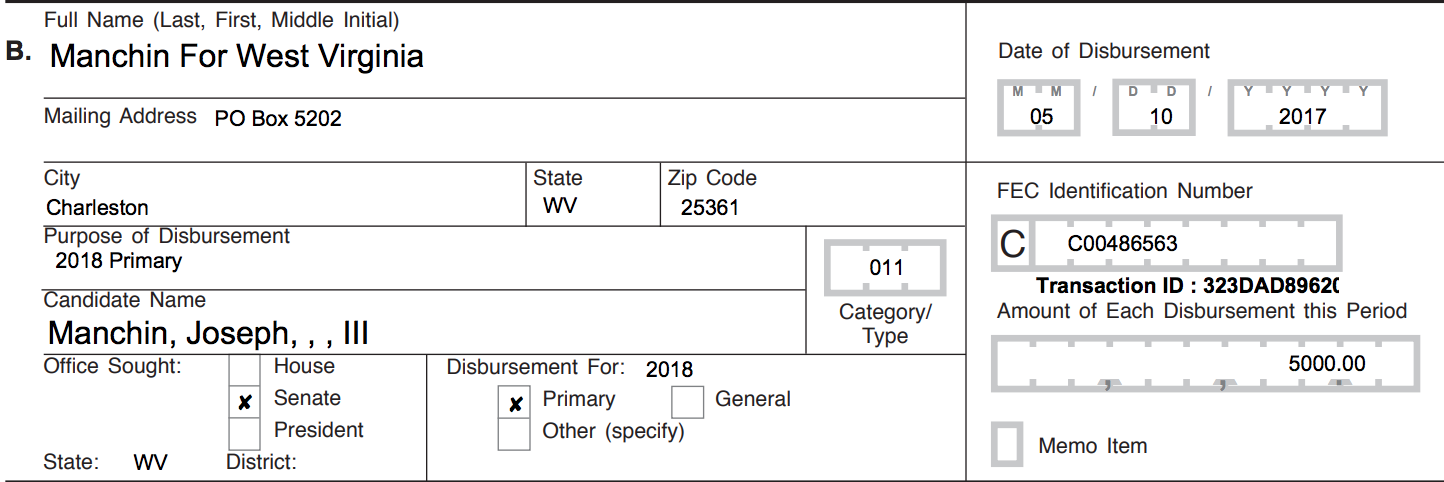 Joe Manchin $5,000 American Chemistry Council Donation