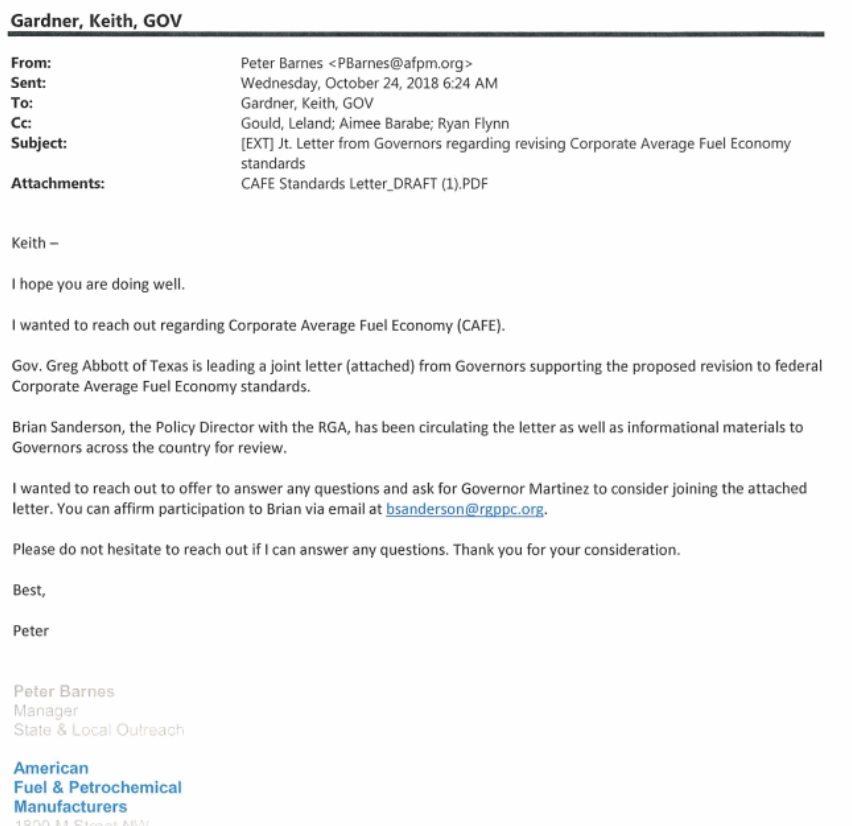 AFPM email to the office of Gov. Keith Gardner