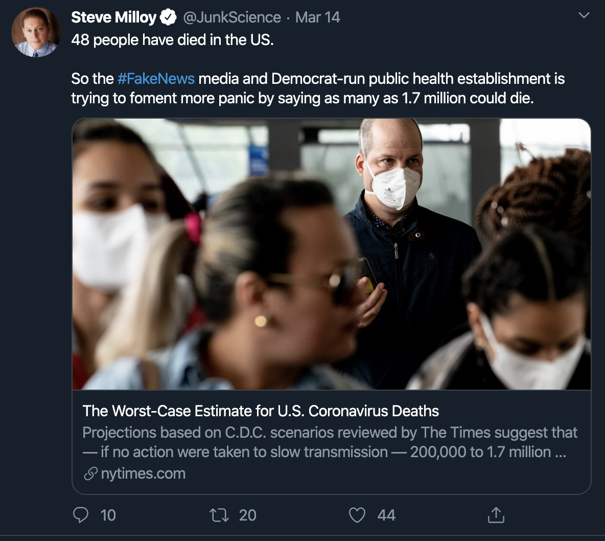 48 people have died in the US. So the #FakeNews media and Democrat-run public health establishment is trying to foment more panic by saying as many as 1.7 million could die.