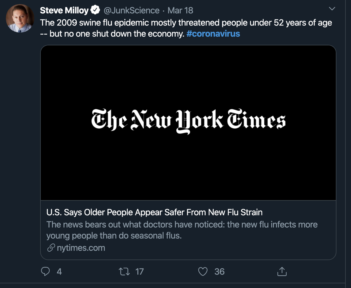 The 2009 swine flu epidemic mostly threatened people under 52 years of age -- but no one shut down the economy. #coronavirus