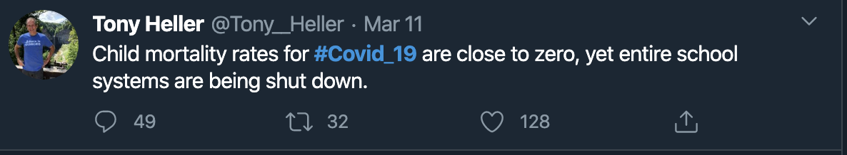 Child mortality rates for #Covid_19 are close to zero, yet entire school systems are being shut down.