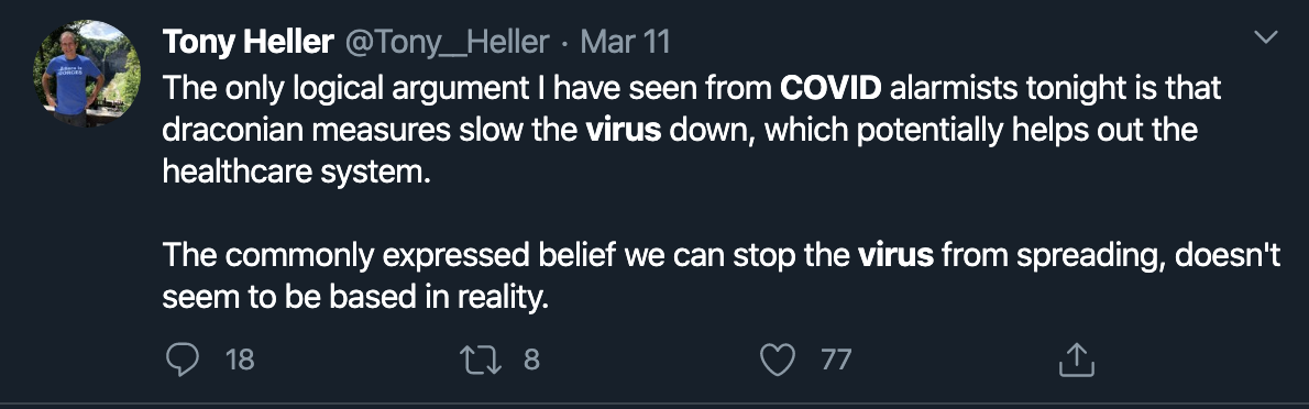 The only logical argument I have seen from COVID alarmists tonight is that draconian measures slow the virus down, which potentially helps out the healthcare system.