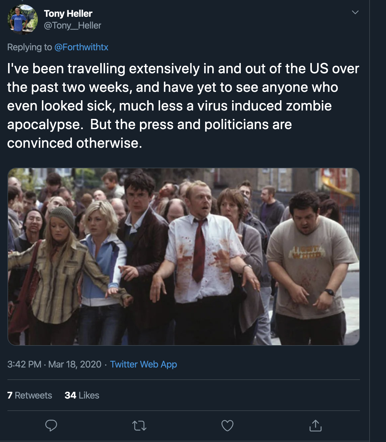 I've been travelling extensively in and out of the US over the past two weeks, and have yet to see anyone who even looked sick, much less a virus induced zombie apocalypse.  But the press and politicians are convinced otherwise.