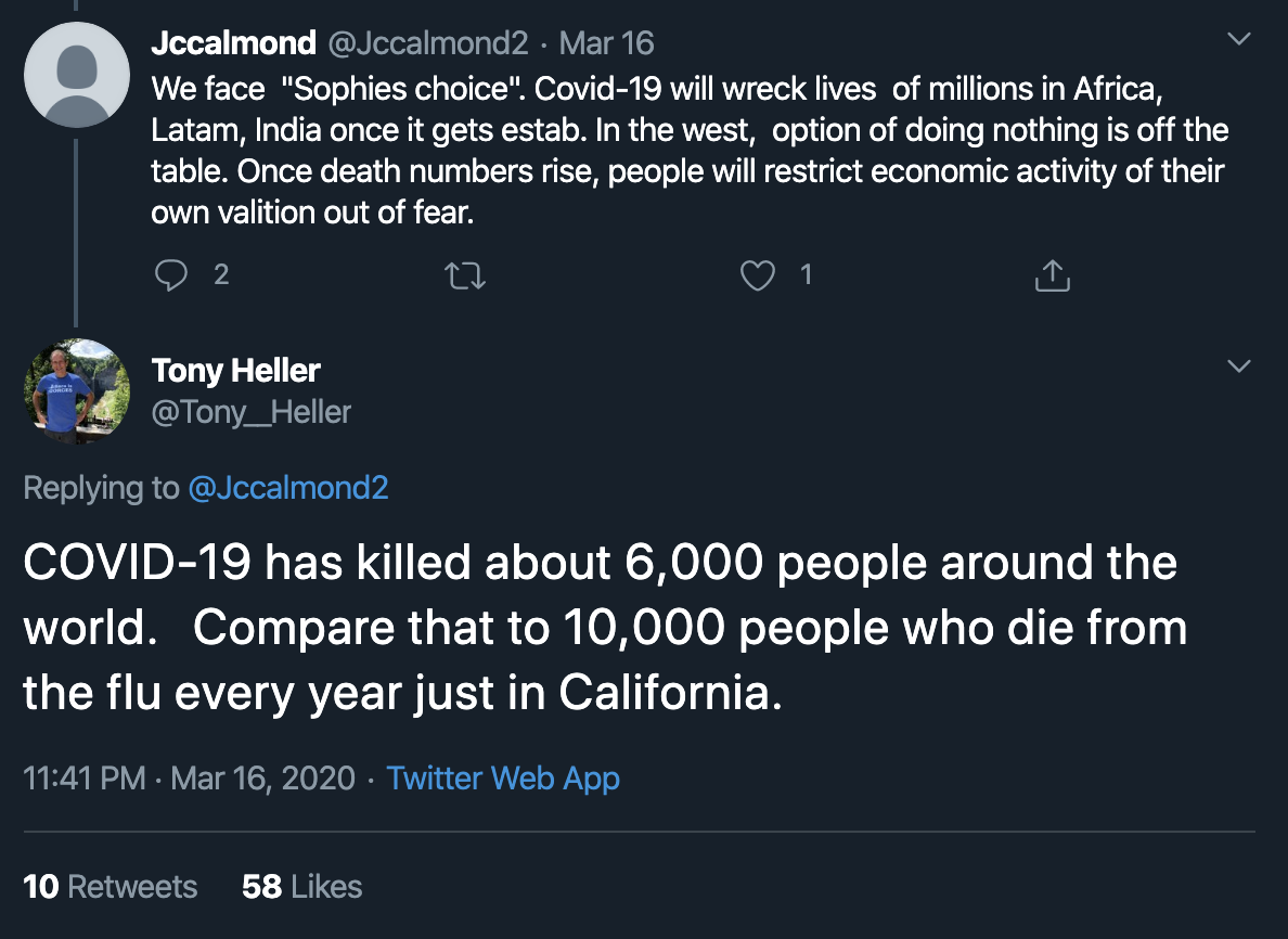 COVID-19 has killed about 6,000 people around the world.   Compare that to 10,000 people who die from the flu every year just in California.