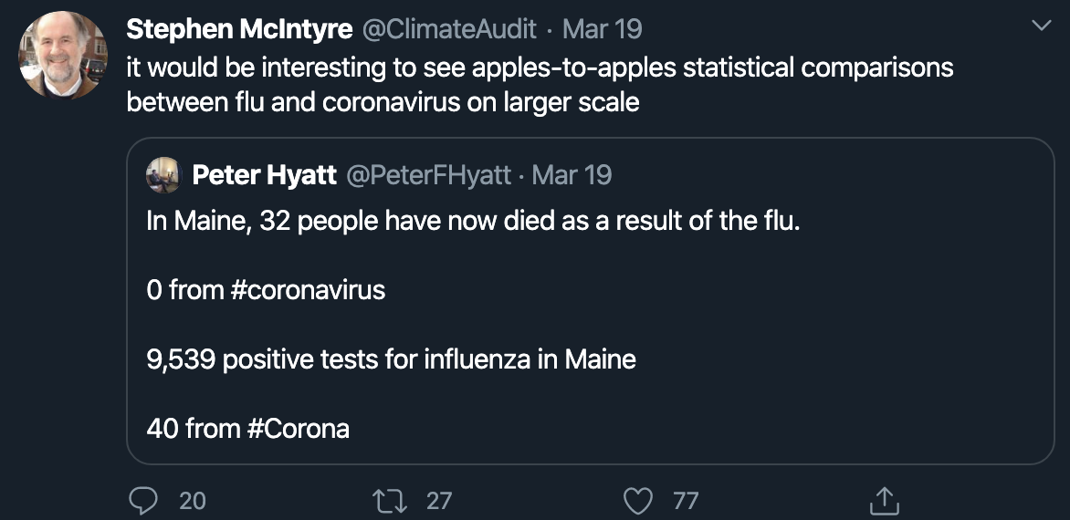 it would be interesting to see apples-to-apples statistical comparisons between flu and coronavirus on larger scale