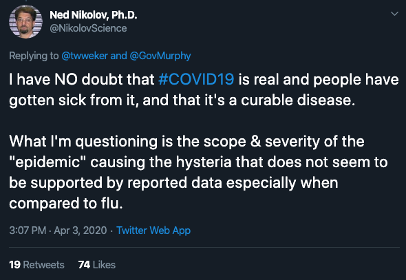 I have NO doubt that #COVID19 is real and people have gotten sick from it, and that it's a curable disease.