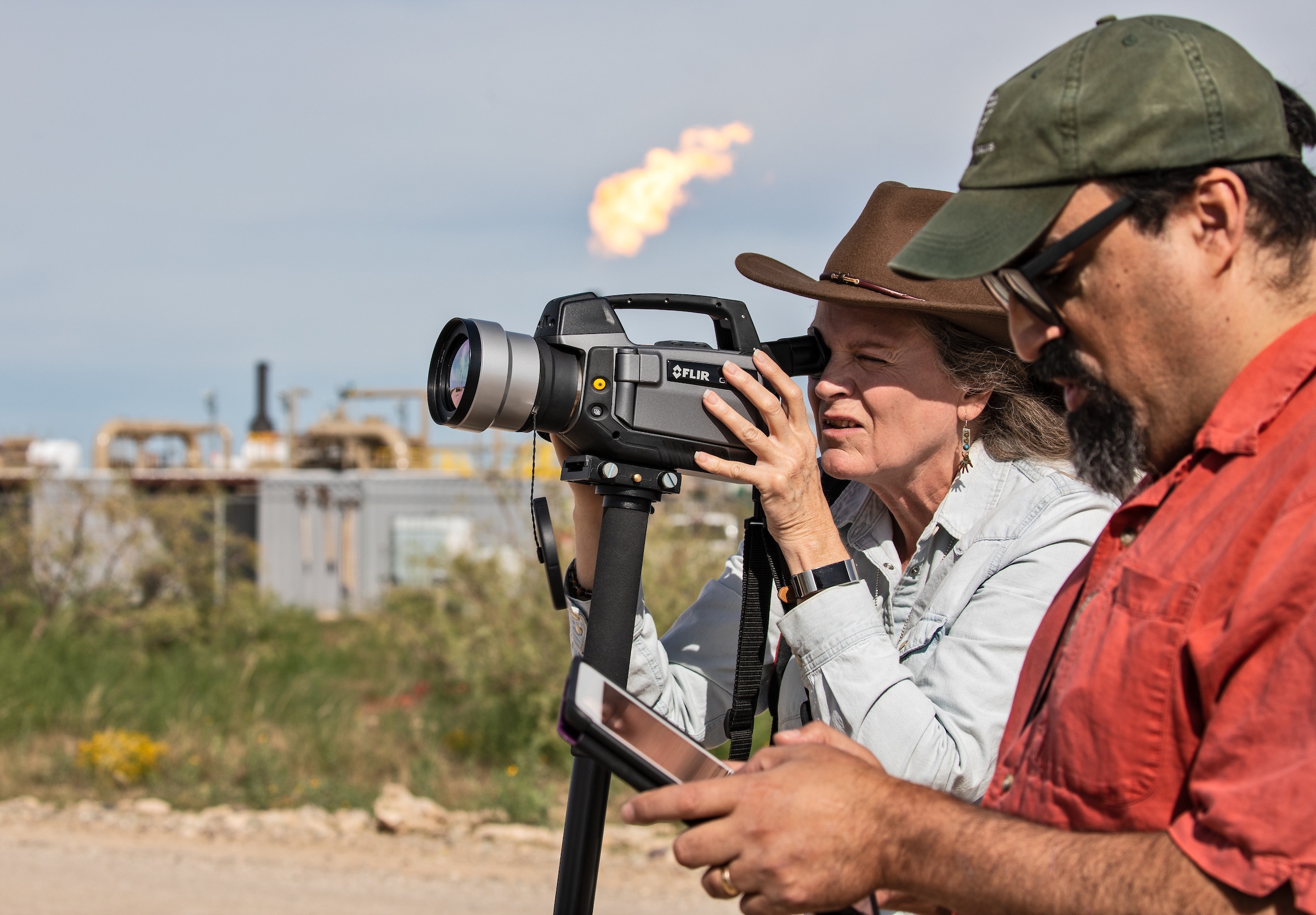 Sharon Wilson and Alan Septoff with Earthworks in the Permian Basin monitoring fracking industry sites, October 30, 2018