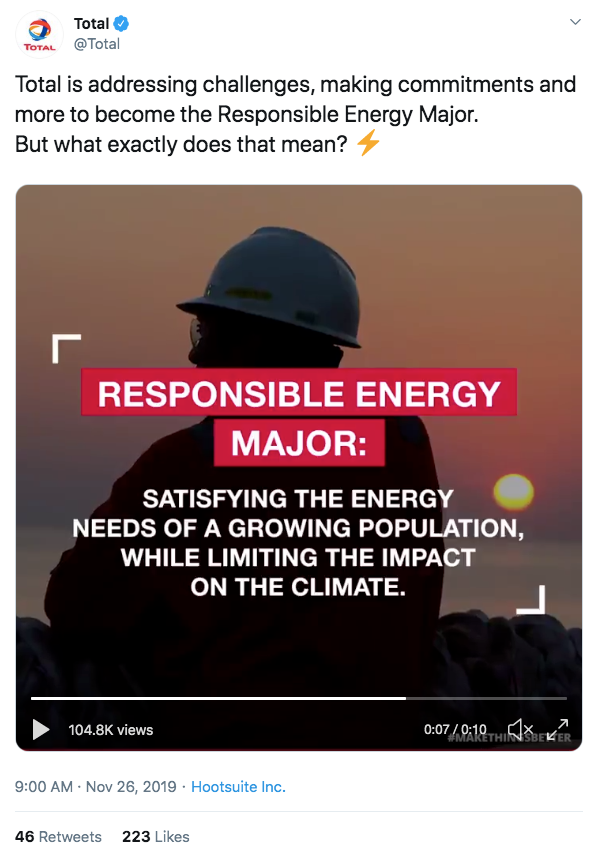 Total's tweet about being a 'Responsible Energy Major'