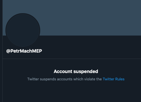 Screenshot of PetrMachMEP Twitter Account Suspension