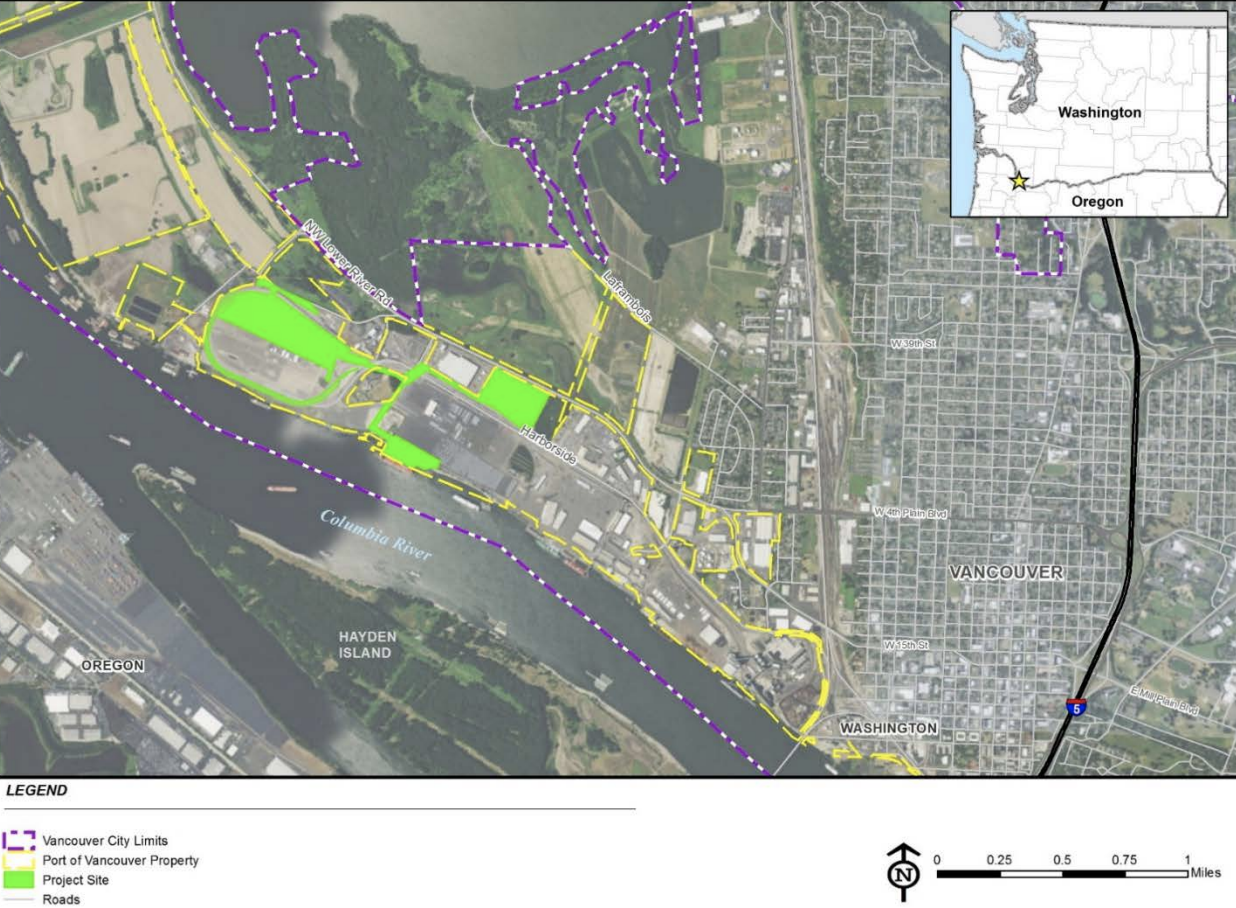 Map of proposed Vancouver Energy oil by rail terminal on the Columbia River