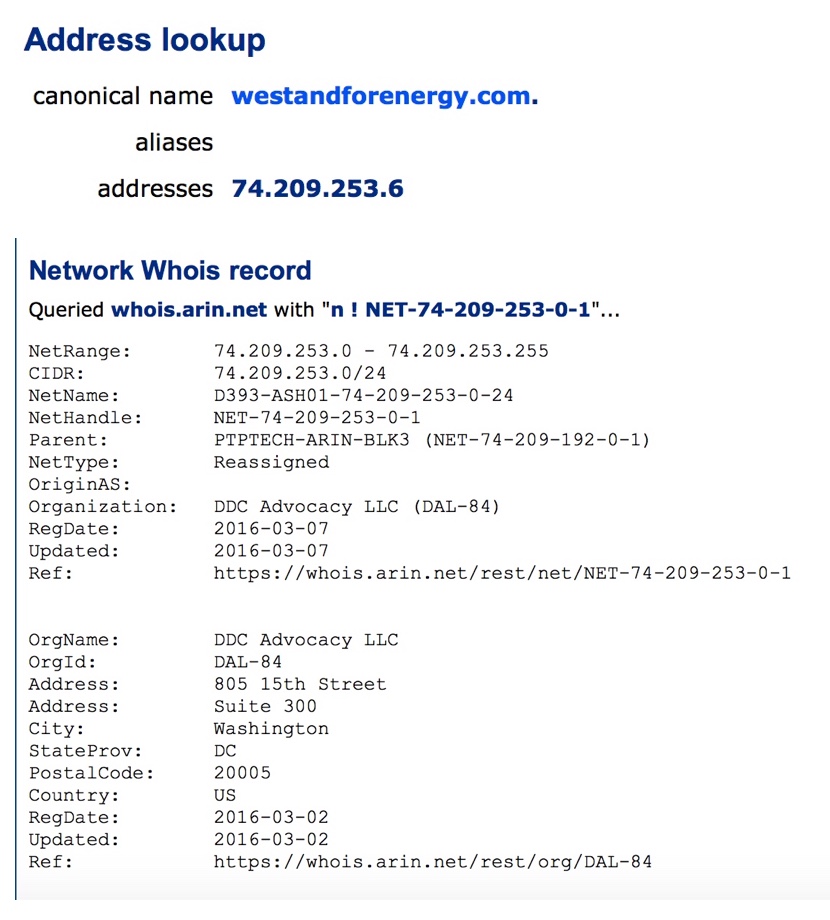 WhoIs website look up for We Stand for Energy's website shows DDC Advocacy owns the site