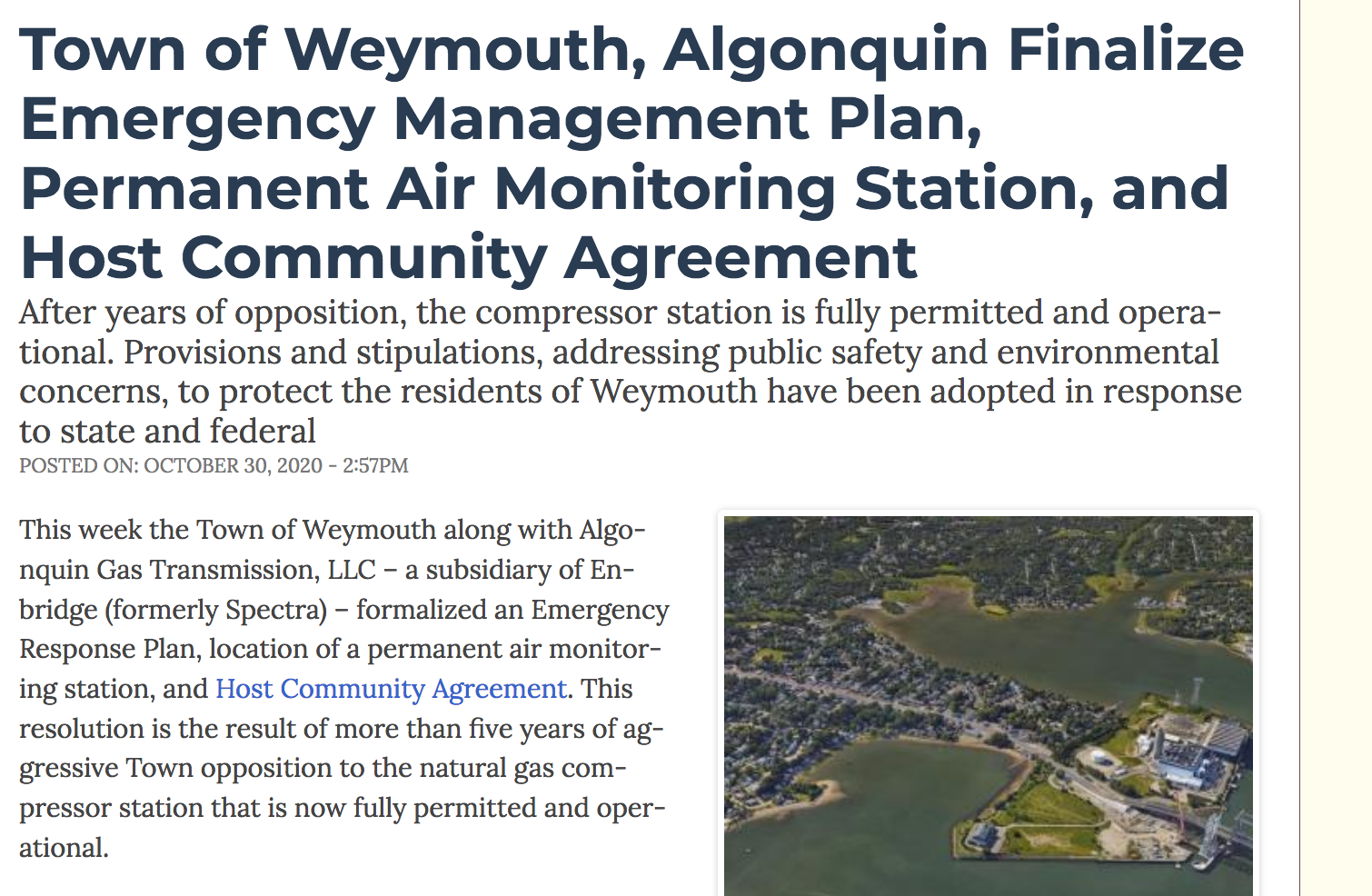 Screen shot of Weymouth press release announcing the mayor's host community agreement with Enbridge over the controversial gas compressor station.