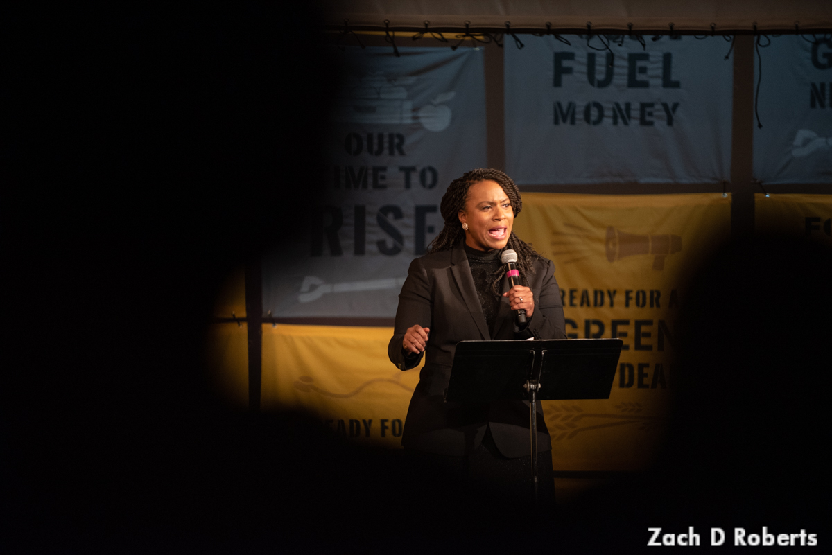 Congresswoman Ayanna Pressley of Massachusetts speaks on stage