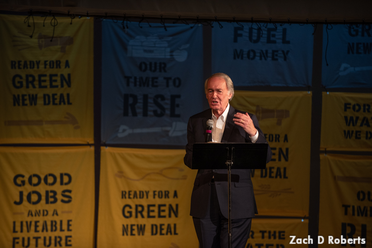 Sen. Ed Markey speaking on stage at the Green New Deal tour.