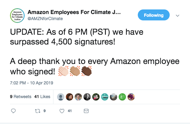 Amazon Employees for Climate Justice tweet about Amazon employees signing a petition for climate action within their company.