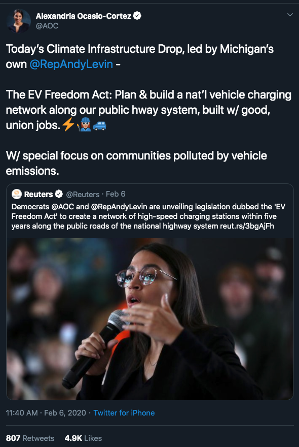 Tweet from Alexandria Ocasio-Cortez about the EV Freedom Act to build a national electric vehicle charging system