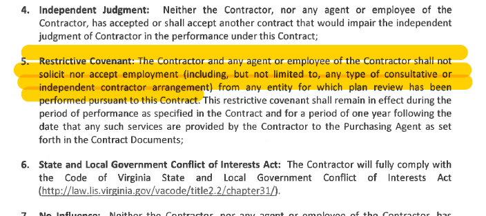 Highlighted statement restricting conflicts of interest in the agreement between Virginia DEQ and EEE Consulting on the Atlantic Coast pipeline