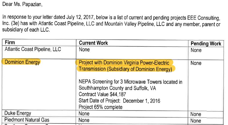 Letter from EEE Consulting to Virginia DEQ revealing its work for Dominion Energy