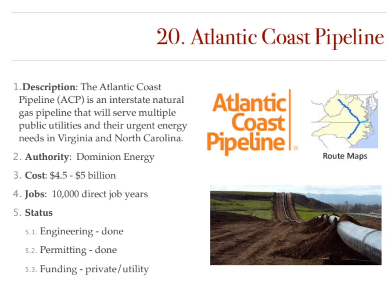 Presentation slide of Atlantic Coast pipeline project description from leaked document