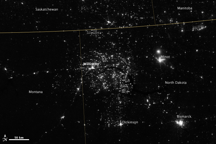 NASA satellite view of Bakken oil fields at night