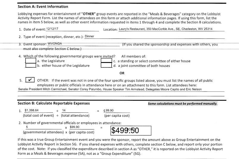 Lobbying disclosure showing that the West Virginia Oil and Natural Gas Association bought $100 dinners for five state lawmakers in December 2017, just weeks before a key vote on fracking legislation.