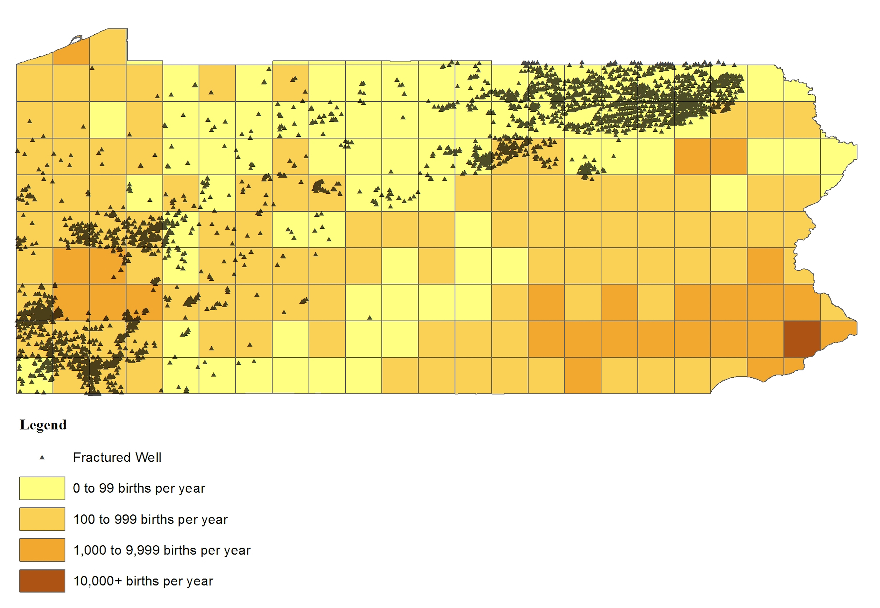 Locations of births and fracking wells in Pennsylvania