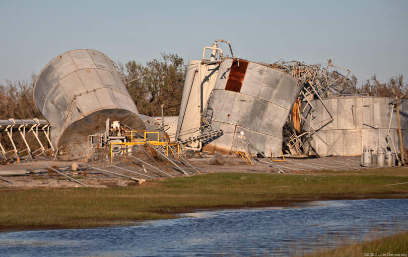 Crumpled oil tanks in Creole, Louisiana, that were destroyed by Hurricane Delta.