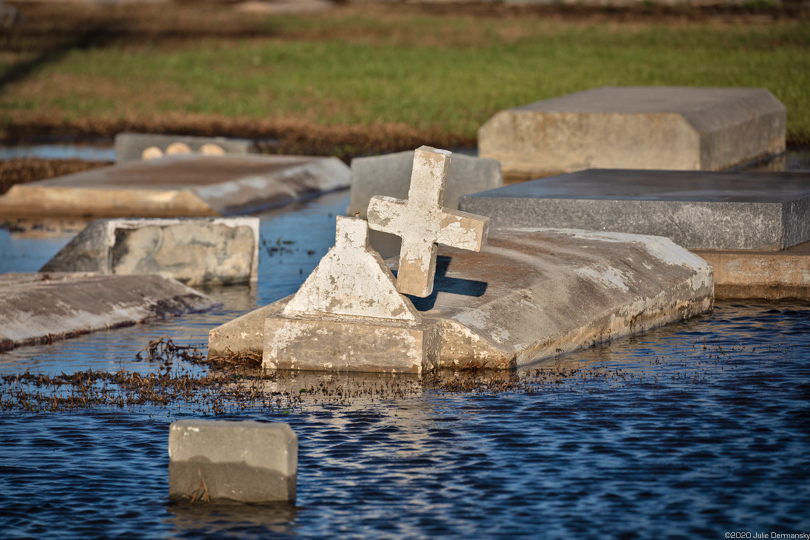 Flooded cemetery in Creole, Louisiana, following Hurricane Delta.