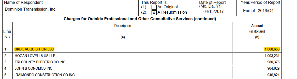 FERC disclosure form showing Dominion's payment to SKDK Acquisition