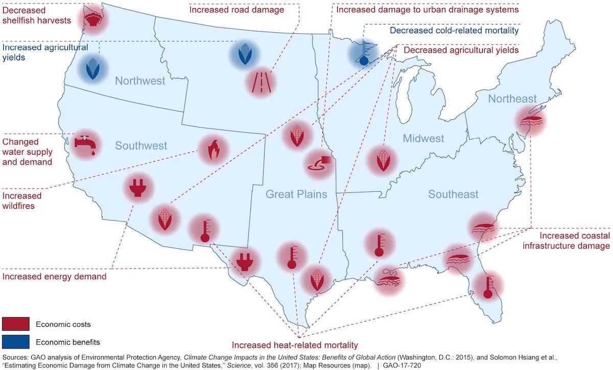 Map of US with potential economic effects from climate change by 2100