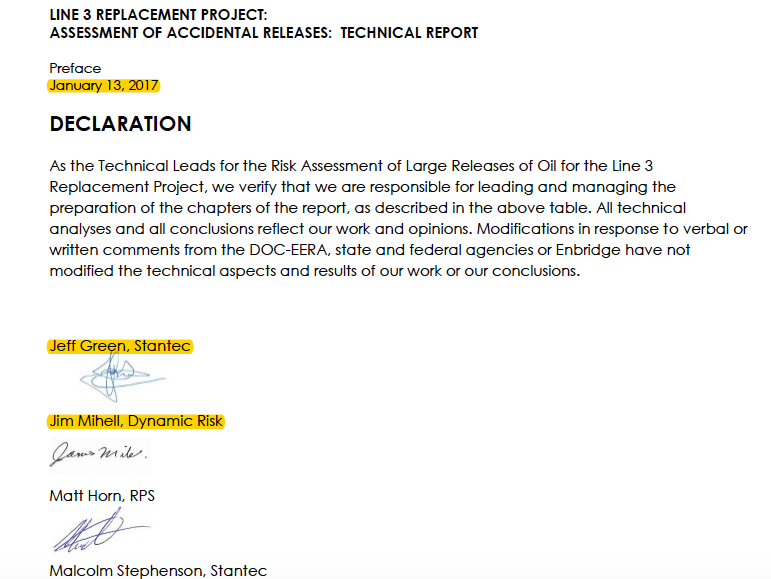 Dynamic Risk and Stantec's assessment for Enbridge's Line 3 pipeline in Minnesota, signed January 13, 2017