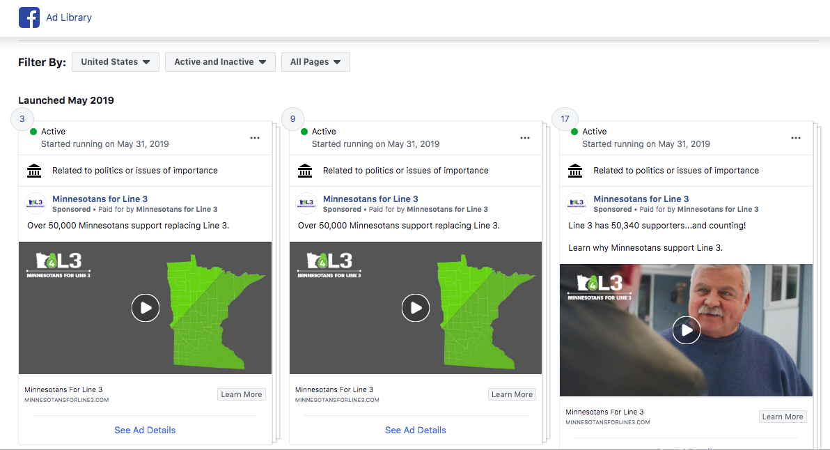 Facebook ad library archive for Minnesotans for Line 3 ads
