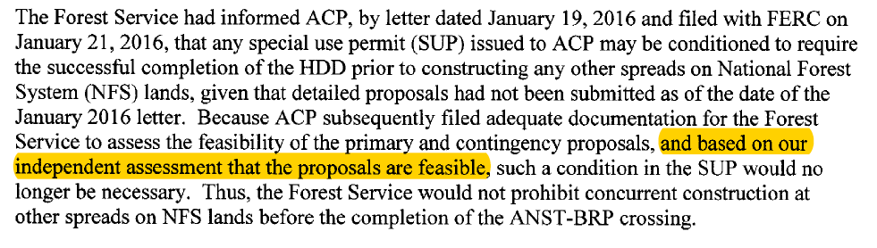 Excerpt from Forest Service letter to FERC outlining its 'independent' assessment of Atlantic Coast pipeline through national forests.